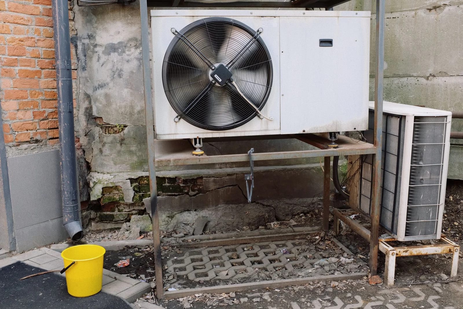External air conditioner unit placed on metal platform near gray shabby wall of modern building on street
